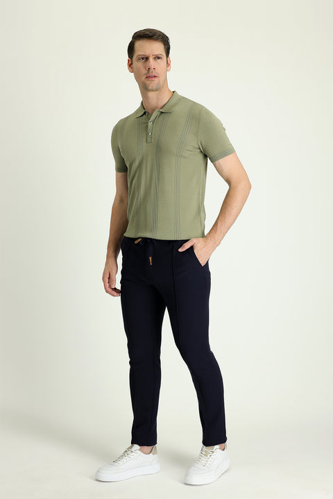 Dark Navy Blue Slim Fit Narrow Cut Elastic Waist Drawstring Stretchy Trousers