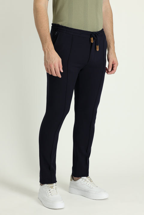 Dark Navy Blue Slim Fit Narrow Cut Elastic Waist Drawstring Stretchy Trousers