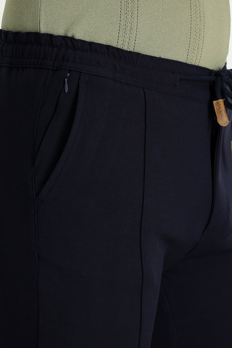 Dark Navy Blue Slim Fit Narrow Cut Elastic Waist Drawstring Stretchy Trousers