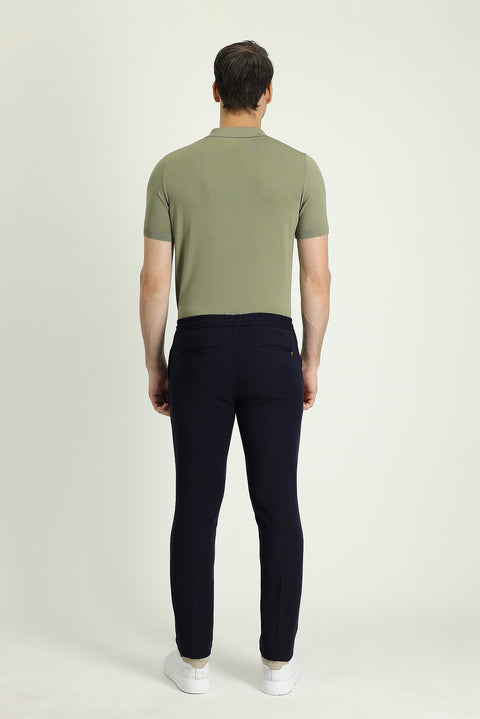 Dark Navy Blue Slim Fit Narrow Cut Elastic Waist Drawstring Stretchy Trousers