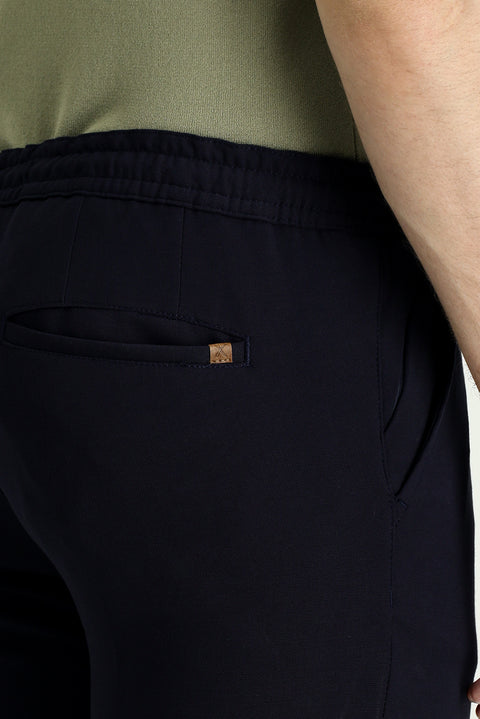 Dark Navy Blue Slim Fit Narrow Cut Elastic Waist Drawstring Stretchy Trousers