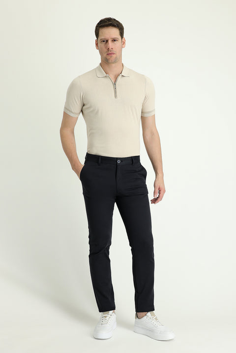 Dark Navy Regular Fit Standard Cut Lycra Canvas / Chino Trousers