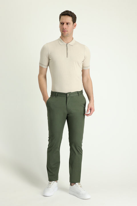 Forest Green Regular Fit Standard Cut Lycra Canvas / Chino Trousers