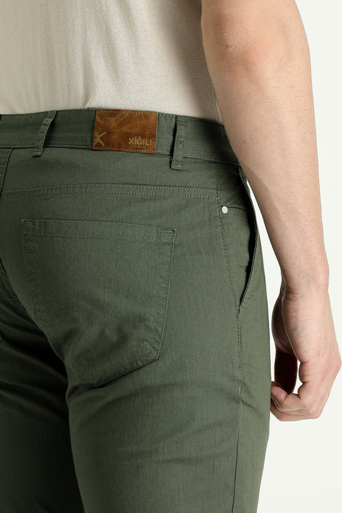 Forest Green Regular Fit Standard Cut Lycra Canvas / Chino Trousers