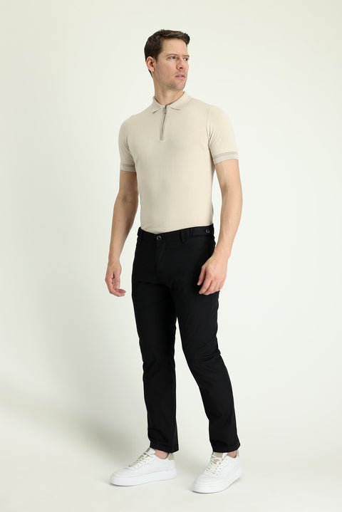 Black Regular Fit Standard Cut Lycra Canvas / Chino Trousers