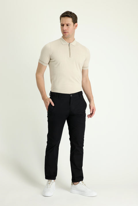 Black Regular Fit Standard Cut Lycra Canvas / Chino Trousers