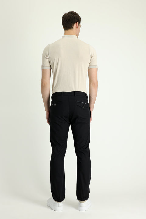 Black Regular Fit Standard Cut Lycra Canvas / Chino Trousers