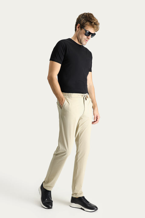 Medium Beige Regular Fit Standard Cut Elasticated Waist Drawstring Lycra Trousers