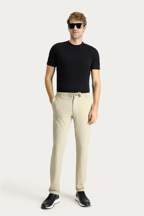 Medium Beige Regular Fit Standard Cut Elasticated Waist Drawstring Lycra Trousers
