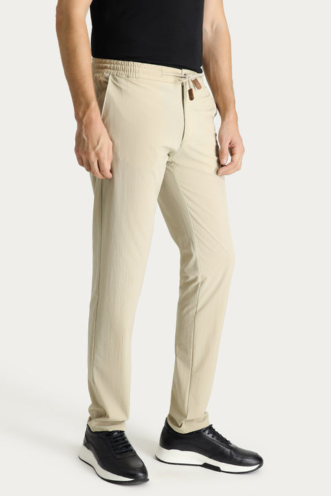 Medium Beige Regular Fit Standard Cut Elasticated Waist Drawstring Lycra Trousers