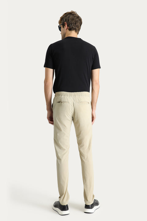 Medium Beige Regular Fit Standard Cut Elasticated Waist Drawstring Lycra Trousers
