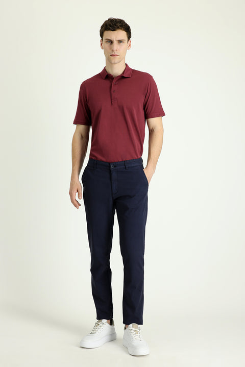 Mid-Dark Blue Slim Fit Stretch Sateen Canvas / Chino Trousers