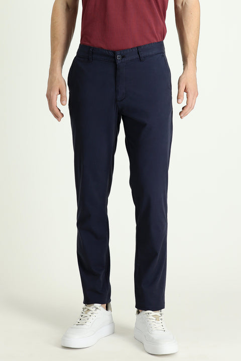 Mid-Dark Blue Slim Fit Stretch Sateen Canvas / Chino Trousers