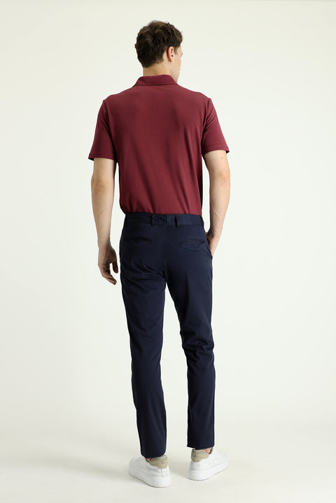 Mid-Dark Blue Slim Fit Stretch Sateen Canvas / Chino Trousers