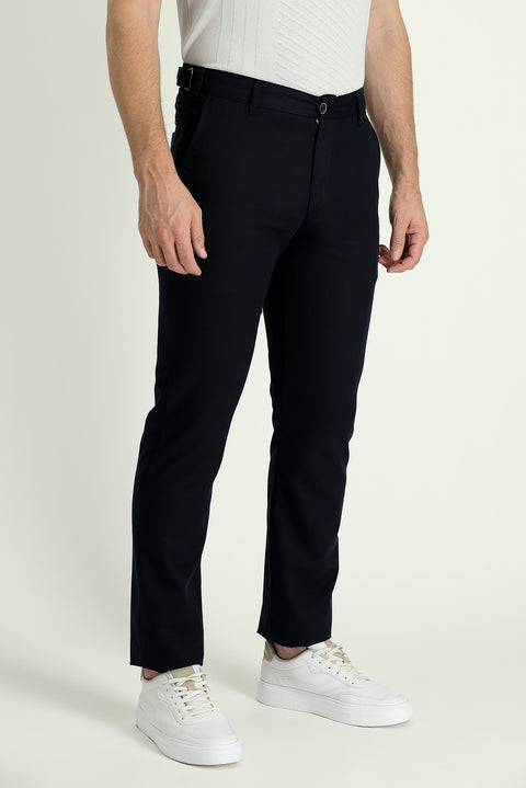 Dark Navy Regular Fit Standard Cut Buckled Cotton Canvas / Chino Trousers