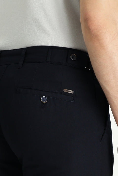 Dark Navy Regular Fit Standard Cut Buckled Cotton Canvas / Chino Trousers