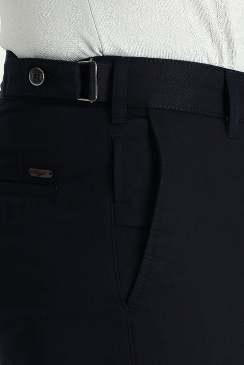 Dark Navy Regular Fit Standard Cut Buckled Cotton Canvas / Chino Trousers