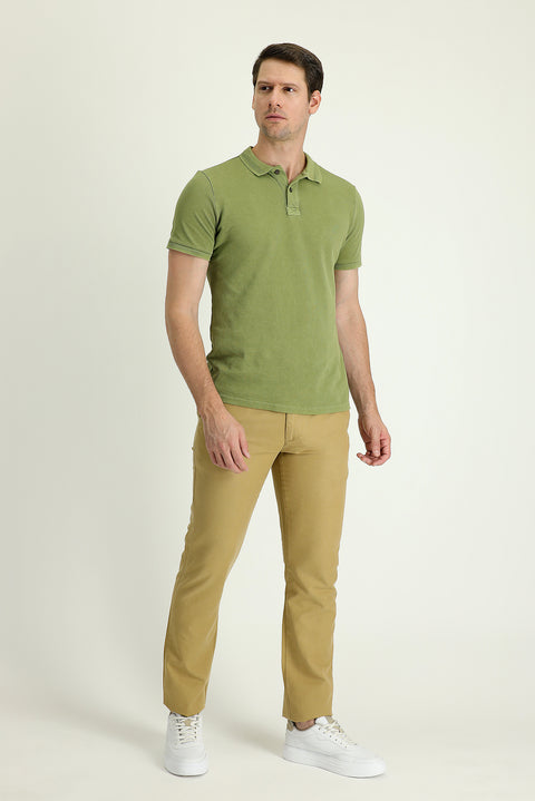 Mid Beige Regular Fit Standard Cut Buckled Cotton Canvas / Chino Trousers