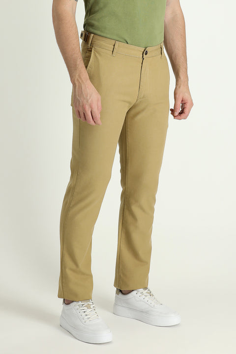 Mid Beige Regular Fit Standard Cut Buckled Cotton Canvas / Chino Trousers