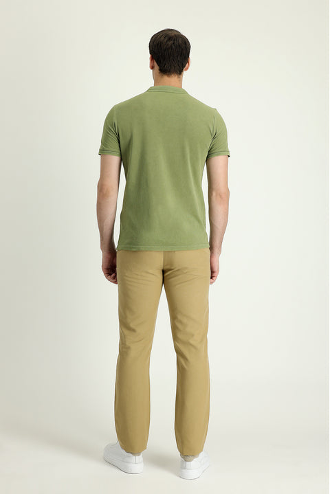 Mid Beige Regular Fit Standard Cut Buckled Cotton Canvas / Chino Trousers