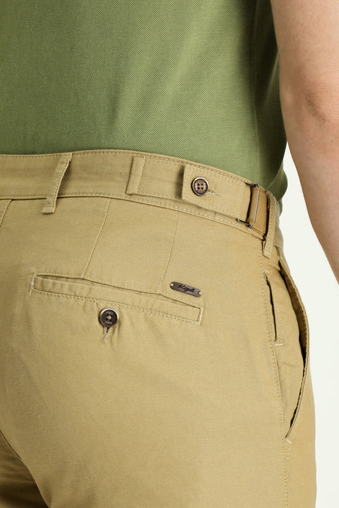 Mid Beige Regular Fit Standard Cut Buckled Cotton Canvas / Chino Trousers