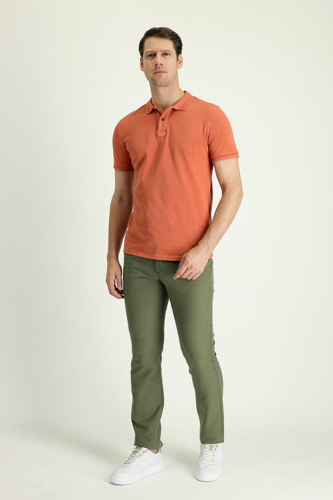 Orta Haki Regular Fit Standart Kesim Tokalı Pamuklu Kanvas / Chino Pantolon