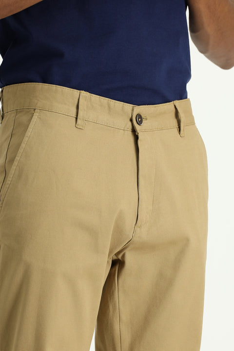Dark Beige Regular Fit Standard Cut Lycra Canvas / Chino Trousers