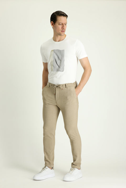 Light Mink 7 Drop Super Slim Fit Extra Narrow Cut Elastic Waist Drawstring Patterned Lycra Classic Fabric Trousers