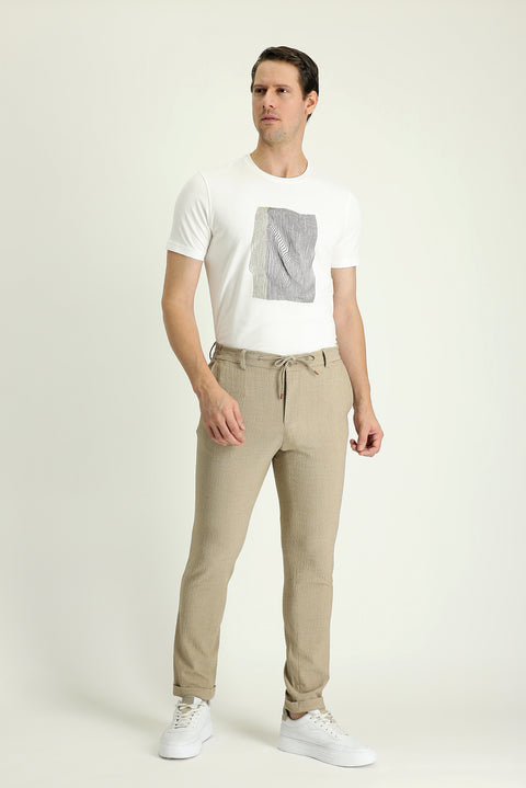 Light Mink 7 Drop Super Slim Fit Extra Narrow Cut Elastic Waist Drawstring Patterned Lycra Classic Fabric Trousers