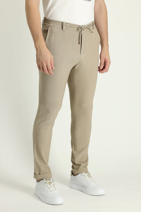 Light Mink 7 Drop Super Slim Fit Extra Narrow Cut Elastic Waist Drawstring Patterned Lycra Classic Fabric Trousers