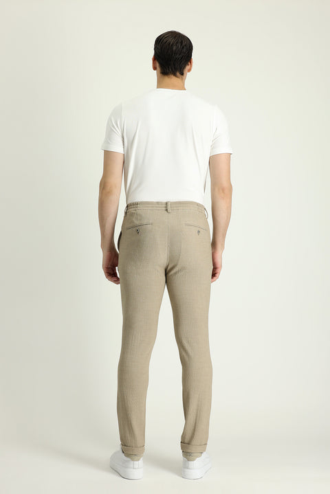 Light Mink 7 Drop Super Slim Fit Extra Narrow Cut Elastic Waist Drawstring Patterned Lycra Classic Fabric Trousers