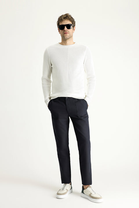 Dark Navy Slim Fit Narrow Cut Elastic Waist Linen Blend Canvas / Chino Trousers