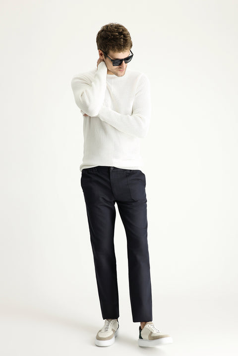 Dark Navy Slim Fit Narrow Cut Elastic Waist Linen Blend Canvas / Chino Trousers