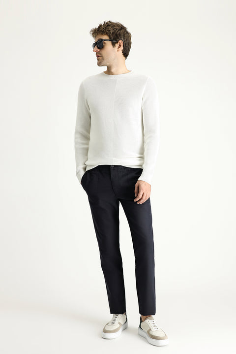 Dark Navy Slim Fit Narrow Cut Elastic Waist Linen Blend Canvas / Chino Trousers