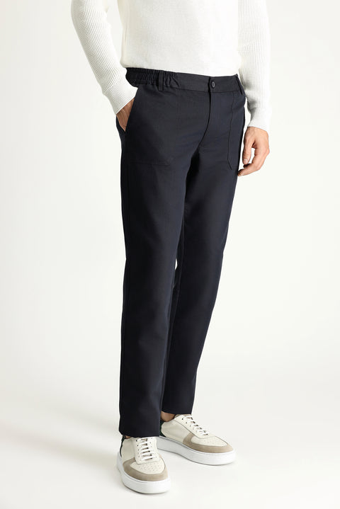 Dark Navy Slim Fit Narrow Cut Elastic Waist Linen Blend Canvas / Chino Trousers