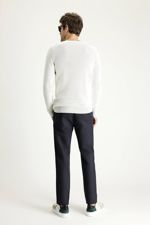 Dark Navy Slim Fit Narrow Cut Elastic Waist Linen Blend Canvas / Chino Trousers