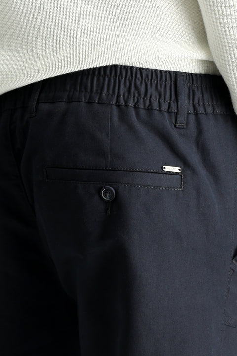 Dark Navy Slim Fit Narrow Cut Elastic Waist Linen Blend Canvas / Chino Trousers