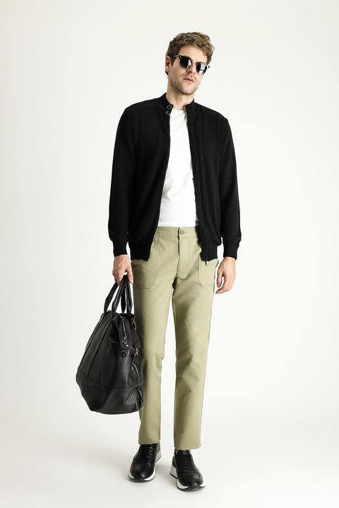 Açık Haki Slim Fit Dar Kesim Beli Lastikli Keten Karışımlı Kanvas / Chino Pantolon