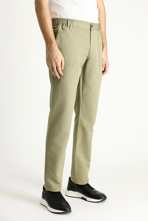 Açık Haki Slim Fit Dar Kesim Beli Lastikli Keten Karışımlı Kanvas / Chino Pantolon