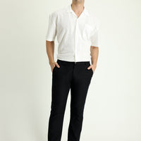 Black Regular Fit Standard Cut Elasticated Waist Cotton Linen Canvas / Chino Trousers