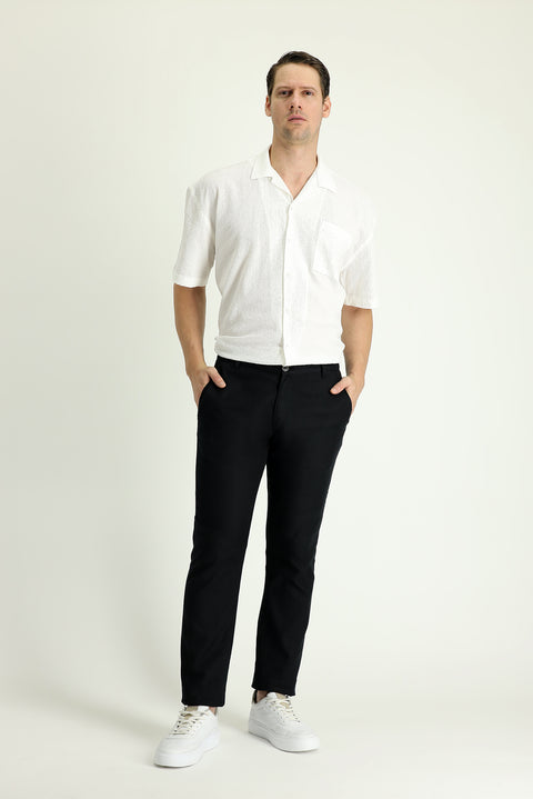 Black Regular Fit Standard Cut Elasticated Waist Cotton Linen Canvas / Chino Trousers