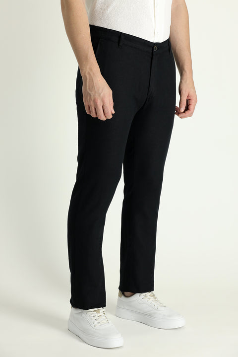 Black Regular Fit Standard Cut Elasticated Waist Cotton Linen Canvas / Chino Trousers