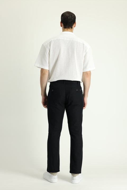 Black Regular Fit Standard Cut Elasticated Waist Cotton Linen Canvas / Chino Trousers