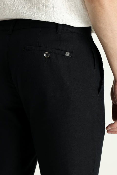 Black Regular Fit Standard Cut Elasticated Waist Cotton Linen Canvas / Chino Trousers