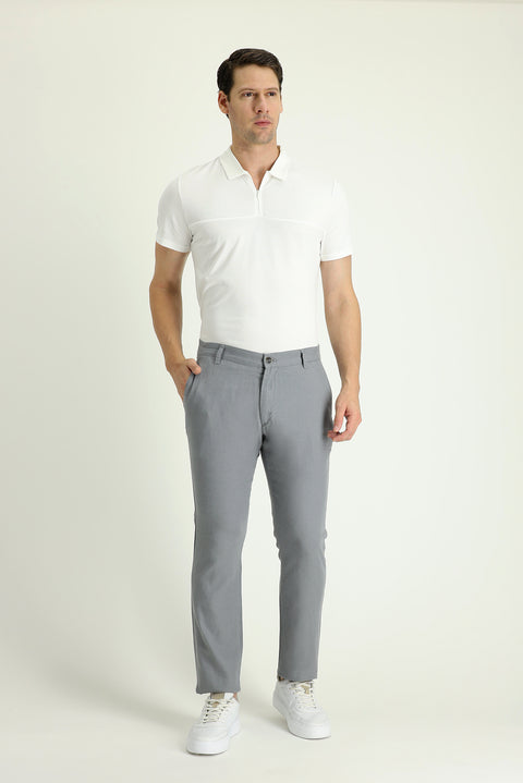 Medium Gray Regular Fit Standard Cut Elasticated Waist Cotton Linen Blend Canvas / Chino Trousers