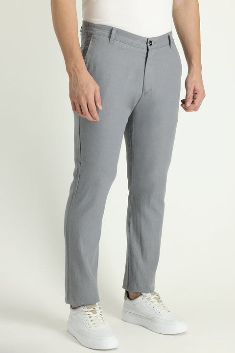 Medium Gray Regular Fit Standard Cut Elasticated Waist Cotton Linen Blend Canvas / Chino Trousers