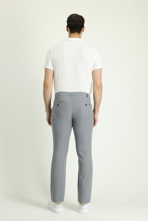 Medium Gray Regular Fit Standard Cut Elasticated Waist Cotton Linen Blend Canvas / Chino Trousers