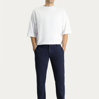 Dark Navy 6 Drop Regular Fit Standard Cut Cotton Linen Blend Canvas/Chino Trousers with Elastic Waistband