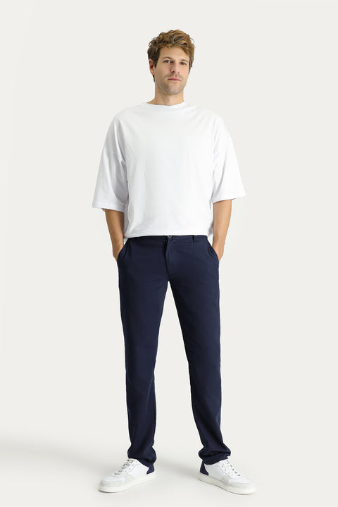 Dark Navy 6 Drop Regular Fit Standard Cut Cotton Linen Blend Canvas/Chino Trousers with Elastic Waistband