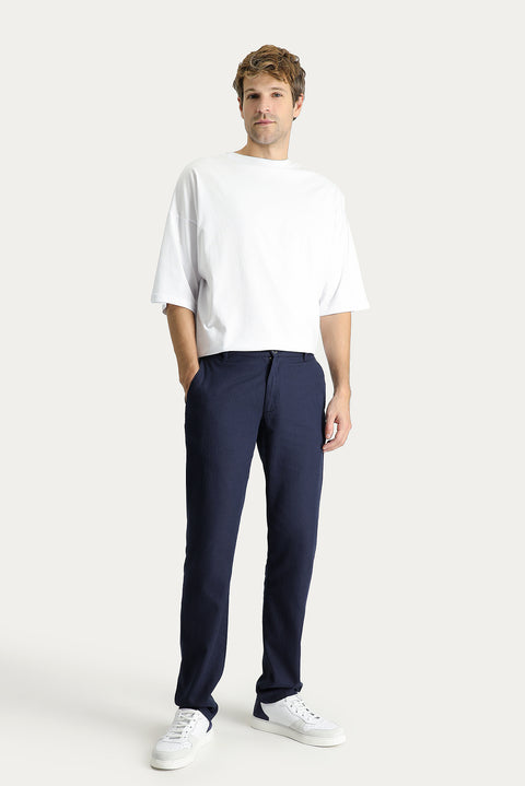 Dark Navy 6 Drop Regular Fit Standard Cut Cotton Linen Blend Canvas/Chino Trousers with Elastic Waistband
